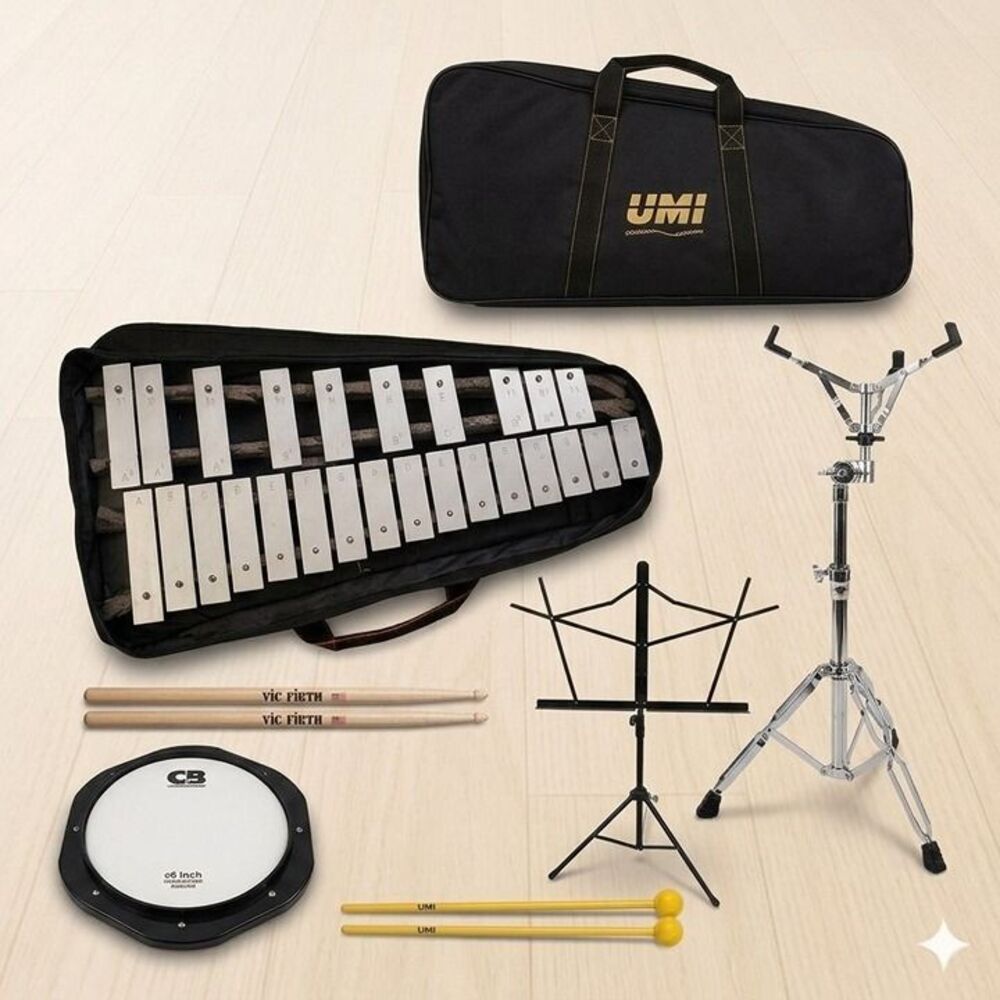 UMI Percussion Xylophone Kit - Bells, Practice Pad, Sticks, Music Stand + Case